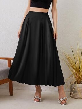 Black Satin Maxi Skirt with Front Pleats
